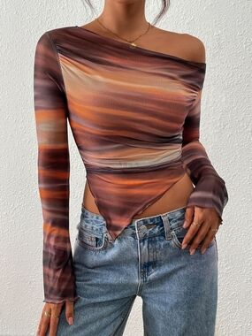 One-Shoulder Sunset Stripe Long Sleeve Top - Brown & Orange